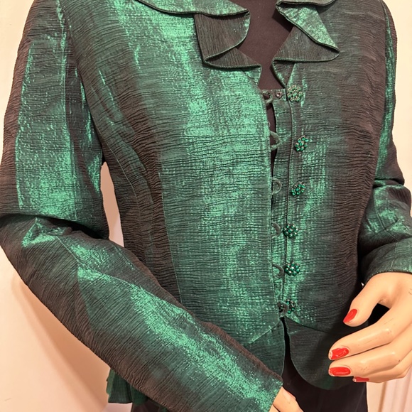Frascara Fancy Sequin buttons Peacock Green Jacquard silk jacket Size 8 - Picture 6 of 6